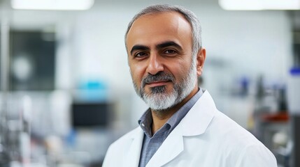 Obraz premium A professional middle-aged Eastern man in a lab coat, capturing confidence and expertise in a modern laboratory setting. Ideal for healthcare and science themes.