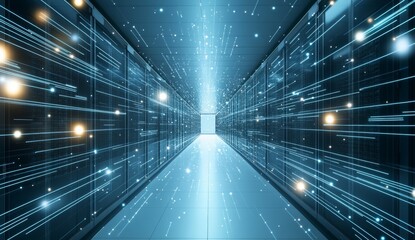Futuristic server room hallway, data flow,  digital network,  high tech