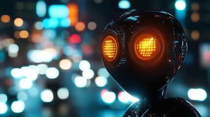 Futuristic robot figure with glowing orange eyes observing a vibrant cityscape at night filled with colorful lights and blurred vehicle movement in the background