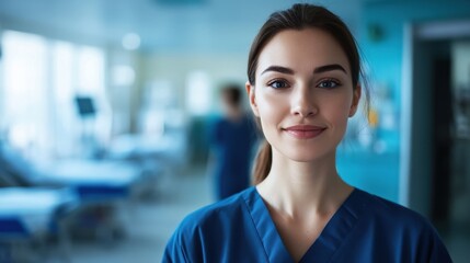 Fototapeta premium A portrait of a young European woman wearing a nurse uniform, exuding confidence and care. Perfect for healthcare and medical-related themes.