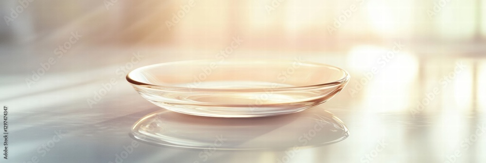 Poster Clear glass dish resting on a reflective surface with soft sunlight creating a warm atmosphere in a serene setting. Generative AI