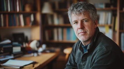 Obraz premium A thoughtful middle-aged male author reflects in his cozy study, surrounded by books and writing materials, capturing a moment of creativity and inspiration.