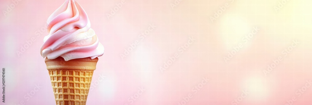 Poster delicious soft serve ice cream cone with pink and white swirl on a warm sunny day. generative ai