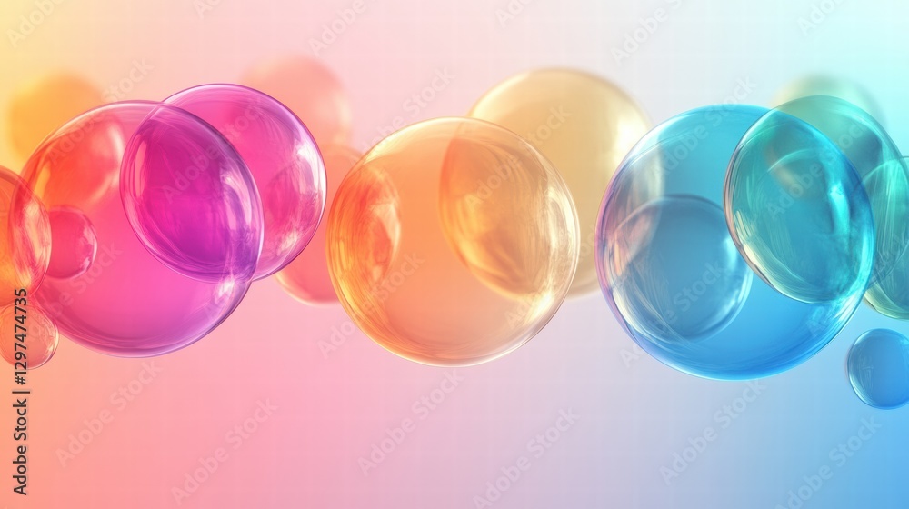 Poster Colorful bubbles float against a soft pastel background creating a whimsical and serene atmosphere. Generative AI