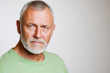 Obraz premium Older man with white beard wearing light green shirt staring intently into camera striking character portrait high resolution stock image minimalist background professional studio photography