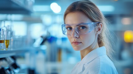 Fototapeta premium A young European female scientist wearing protective glasses works in a modern laboratory, showcasing dedication and professionalism in her research activities.