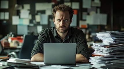 Fototapeta premium A focused portrait of a European male in an office setting, surrounded by stacks of papers and working intently on his laptop. Ideal for editorial use.