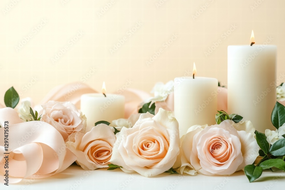 Poster elegant arrangement of white candles and soft pink roses on a light background for a tranquil atmosp