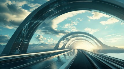 Fototapeta premium Futuristic Bridge and Sky: Captivating image showcases a sleek, futuristic bridge structure arching over a roadway towards a radiant sky with dramatic cloud formations.