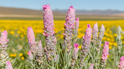 Pink lavender flowers in a yellow field, mountains background