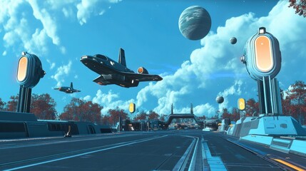 Future City: A vibrant and futuristic cityscape with sleek planes soaring through the air, with an emphasis on technology and transportation.