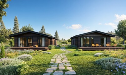 Modern wooden cabins on a sunny patio garden pathway