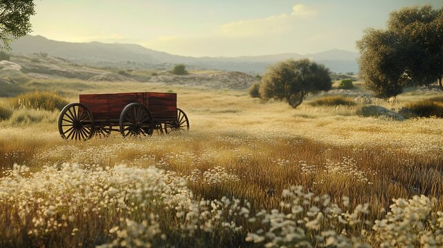 Vintage cart in picturesque meadow of Tecate, Mexico for rustic farm landscape design