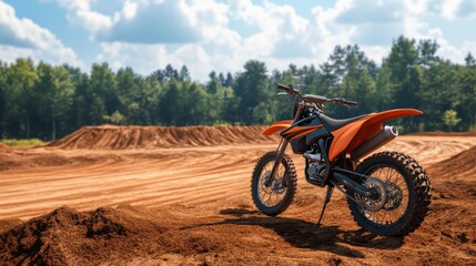 Off-road motorcycle parked on dirt track with scenic trees and blue sky in the background during daytime adventure activity