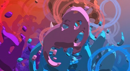 Abstract Digital Art Composition: a visually arresting artwork, blends a symphony of colors and forms to create a dynamic abstract composition that evokes a sense of movement and imaginative energy.