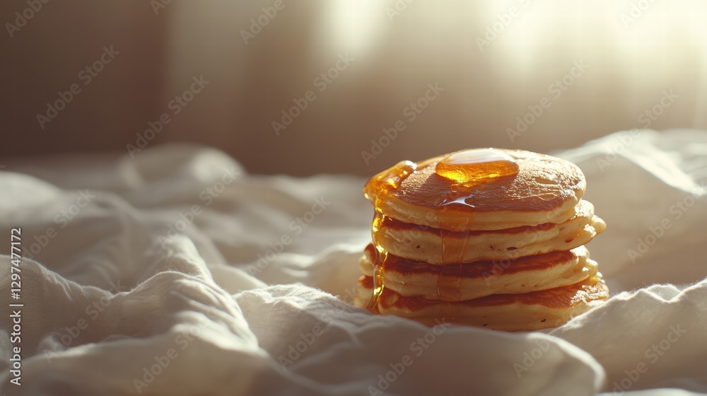 Poster Stack of fluffy pancakes topped with syrup on a cozy bed sheet in soft morning light. Generative AI