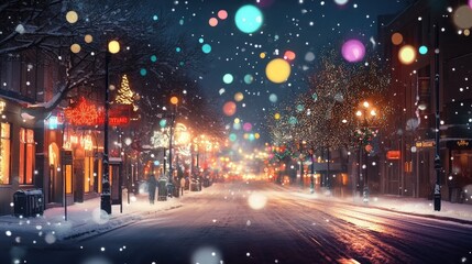 A festive snowy city street on Christmas Eve, with bright trees shining and blurred holiday lights in the background, creating a serene, winter wonderland