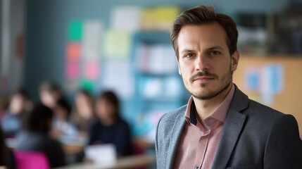 Fototapeta premium A professional European lecturer poses confidently in a classroom, embodying knowledge and leadership. Students engage in the background, highlighting the academic atmosphere.