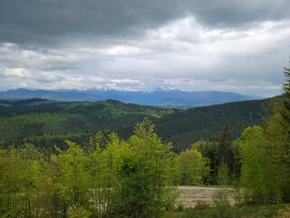 Carpathians, view from Bukovel to the mountains of Hoverla and Petros
