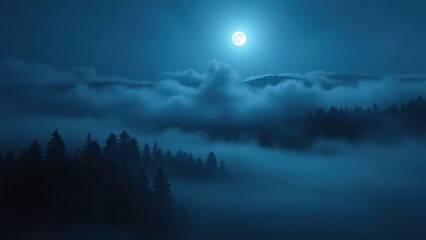 Fototapeta premium Full Moon Over Foggy Mountain Forest at Night