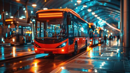 Obraz premium A sleek red city bus illuminated by vibrant neon and streetlights at a futuristic bus terminal. The wet pavement reflects the glowing lights,