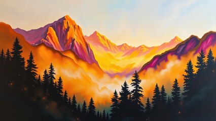 Majestic Mountain Range at Sunset with Misty Valley and Silhouetted Forest