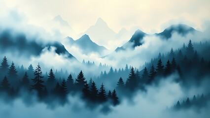 Misty Blue Mountain Range with Dark Forest