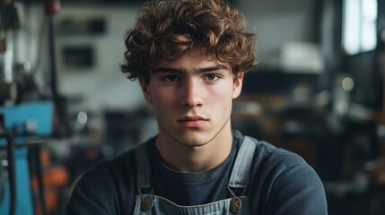 A portrait of a young European man with curly brown hair, showcasing a serious expression. Captured in a cozy workshop, the image reflects thoughtful youth and individuality.