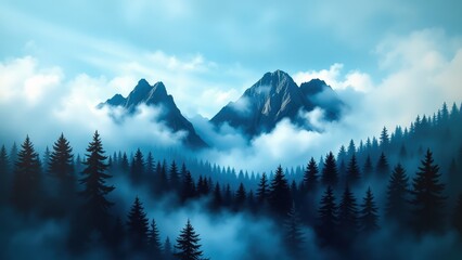Misty Blue Mountains and Forest Landscape