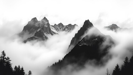 Misty Mountain Peaks in Monochrome Landscape
