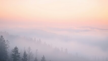 Misty Mountain Sunrise Soft Pink and Orange Hues over a Foggy Forest