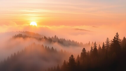 Misty Mountain Sunrise Golden Hour Light over a Foggy Forest