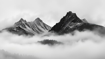 Monochrome Mountain Peaks Emerging from Foggy Landscape