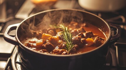 Culinary Delight: A close-up view of a steaming pot filled with a hearty stew on a stove. The aroma of the dish is released, creating a sense of warmth and comfort.