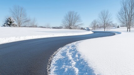 Obraz premium Winding snowy road, winter landscape, suburban setting, calm scene, ideal for travel brochures