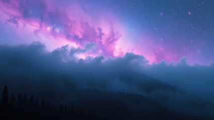 Purple and Pink Night Sky over Misty Mountain Forest
