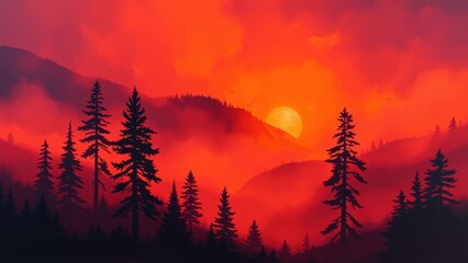 Red Sunset Over Foggy Mountains with Silhouetted Pine Trees
