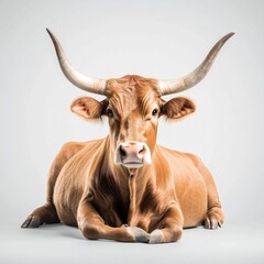 Naklejka premium Brown Cow with Long Horns Relaxing on a Light Background