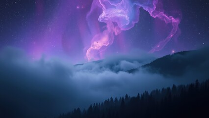 Purple Nebula Over Misty Mountain Forest at Night