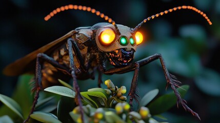 Fototapeta premium Close-up of a fantastical insect with glowing eyes perched on lush green foliage in a vibrant setting