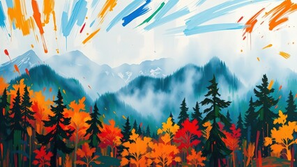 Vibrant Autumn Mountain Landscape with Fog and Colorful Sky