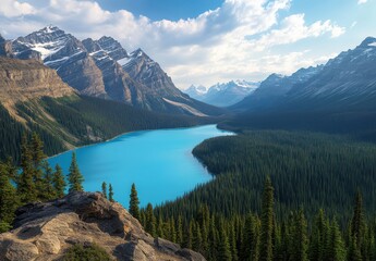 Naklejka premium Majestic Rocky Mountains and Serene Blue Lake with Lush Green Forest Under Bright Sky in National Park in Canada