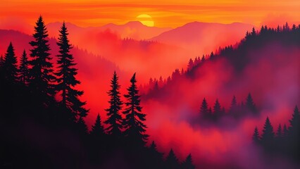 Vibrant Red Sunset Over Foggy Mountain Forest