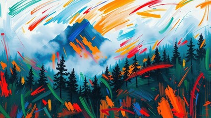 Vibrant Colorful Abstract Mountain Landscape with Brushstrokes
