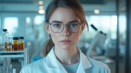 Fototapeta premium A young female scientist in a laboratory, showcasing her focus and professionalism. She wears glasses and a lab coat, representing innovation in research and technology.