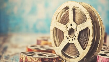 Obraz premium Film reel on table, blurry colorful background