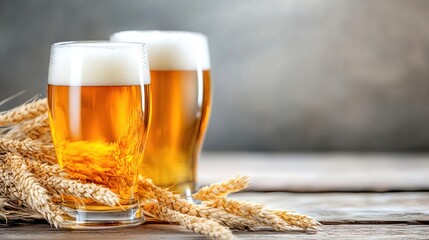 Two glasses of golden beer with foam, accompanied by wheat, on a rustic wooden table.