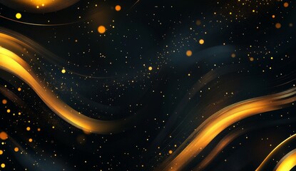 Obraz premium Abstract golden swirling lines on dark background with glittering particles. Possible use Presentation backdrop