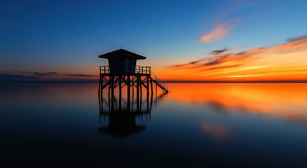 The silhouette of an old lifeguard tower on the beach at sunset