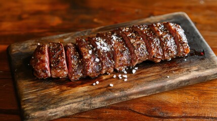Juicy grilled steak served on wooden cutting board with coarse sea salt on rustic table setting